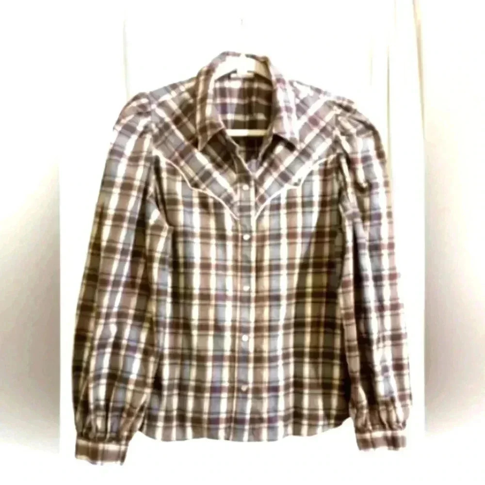 Western flannel button down blue brown vintage appeal. Pearl look buttons. Sz Lg